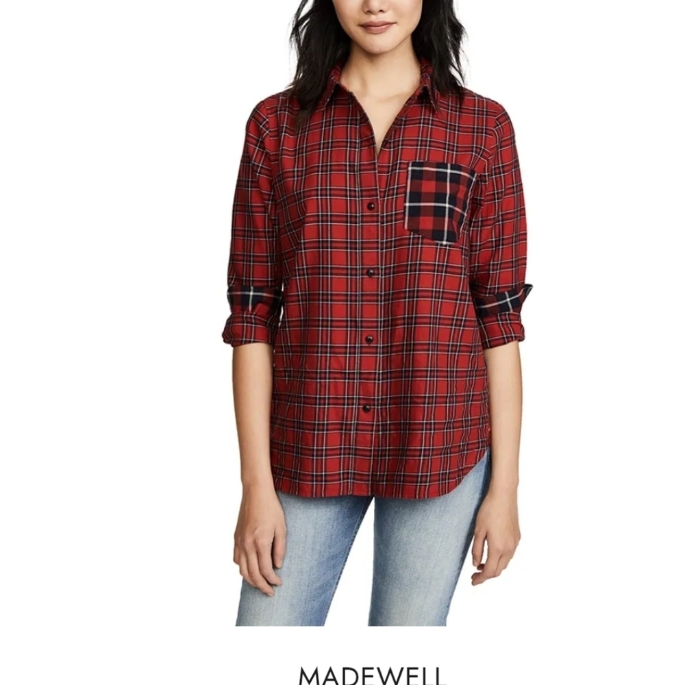 Madewell women's classic ex-boyfriend shirt, red cotton plaid, one pocket, sz S.
